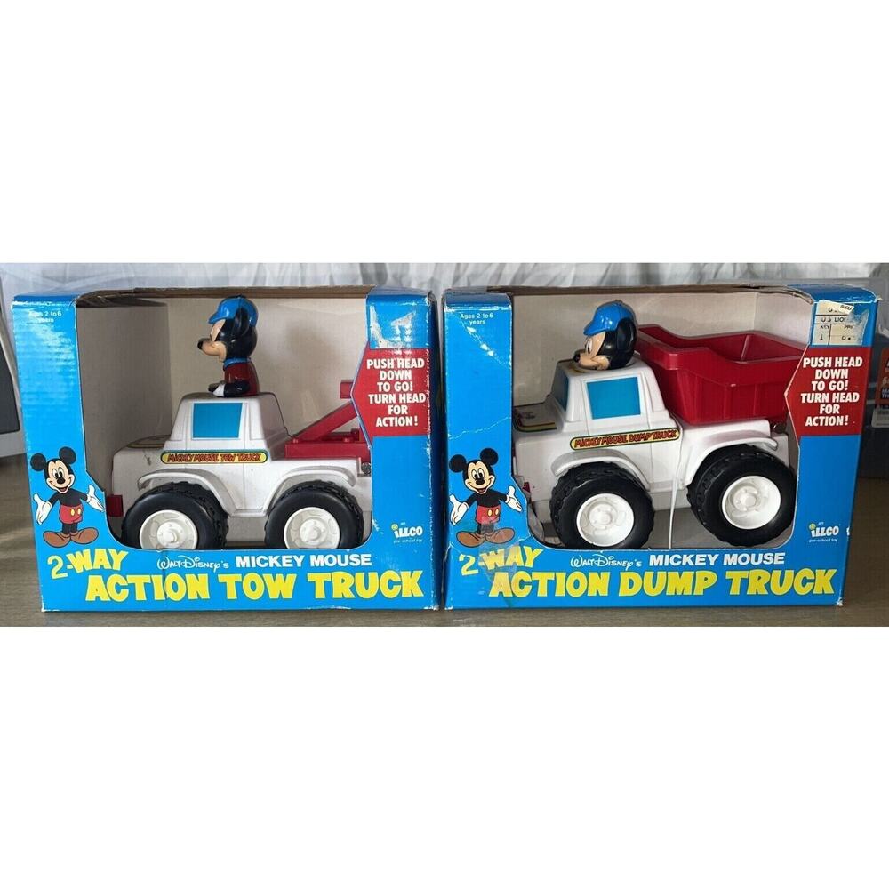Illco Disney Mickey Mouse 2 Way Action Dump Truck &‎ Tow Truck Brand New